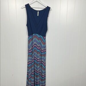 Gilli Womens Maxi Tank Dress XL Navy Bodice Turquoise Pink Skirt Abstract Print